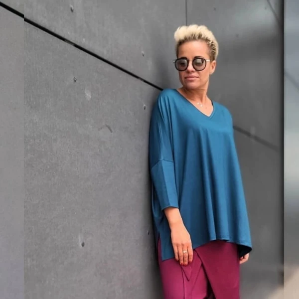 Bluzka oversize dekolt w serek ciemny turkus
